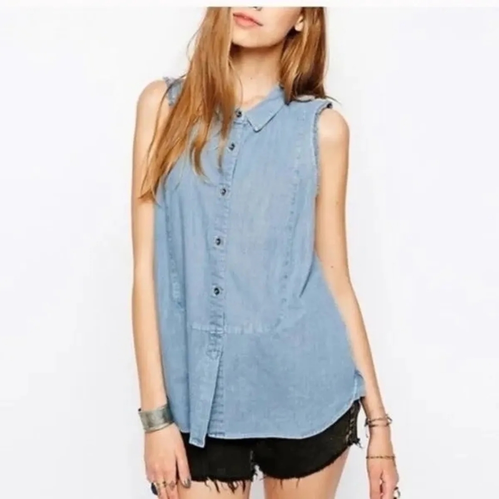 Free People Denim Chambray Sleeveless Frayed Button Down